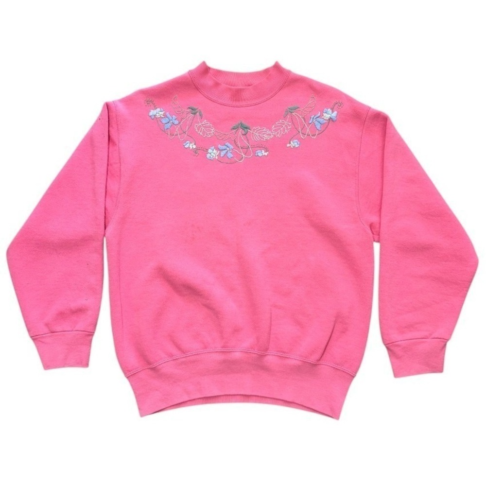 Vintage 90s Cute Pink Floral Handmade Embroidery Cottagecore Crewneck Sweater